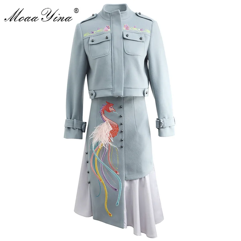 Модный дизайнерский комплект moaayina, весна-лето, Женская ветровка с длинным рукавом и вышивкой, пальто+ юбка с перьями, комплект из двух предметов