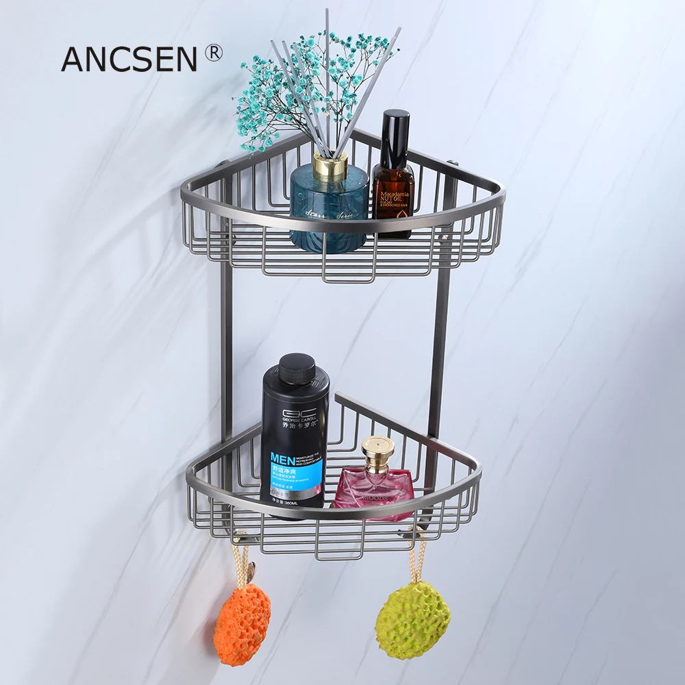 

Gun-Grey Stainless Steel Double-Deck Triangle Basket Bathroom Corner Rack Bathroom Storage Rack Shower Room Basket Rack Storage