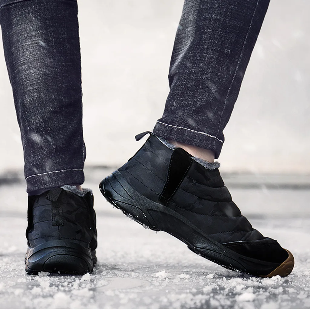 Зимние мужские теплые ботинки; качественные водонепроницаемые полуботинки из нейлона; мужские теплые плюшевые ботинки на плоской подошве; мужские зимние уличные Нескользящие зимние ботинки