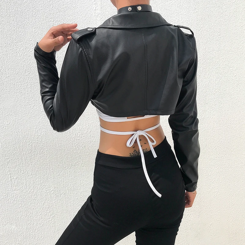 Very best  Iamhotty Black PU Leather Crop Jacket Street Wear Punk Style Womens Coats Long Sleeve Turn-Down Zip