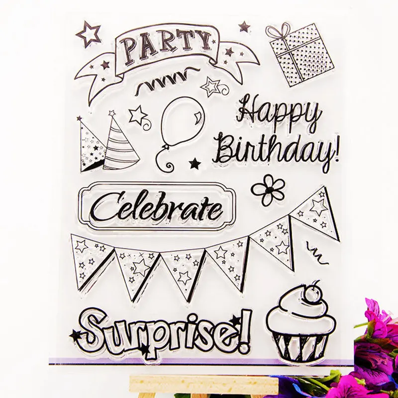 

Birthday Cake and Flag Clear Seal Stamp DIY Scrapbooking Embossing Photo Album Decorative Paper Card Craft for Art Handmade Gift