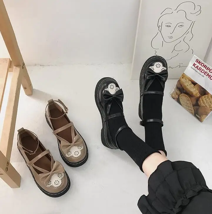 

College japanese sweet lolita shoes cute bowknot hollow kawaii shoes round head student jk women leather shoes loli cos