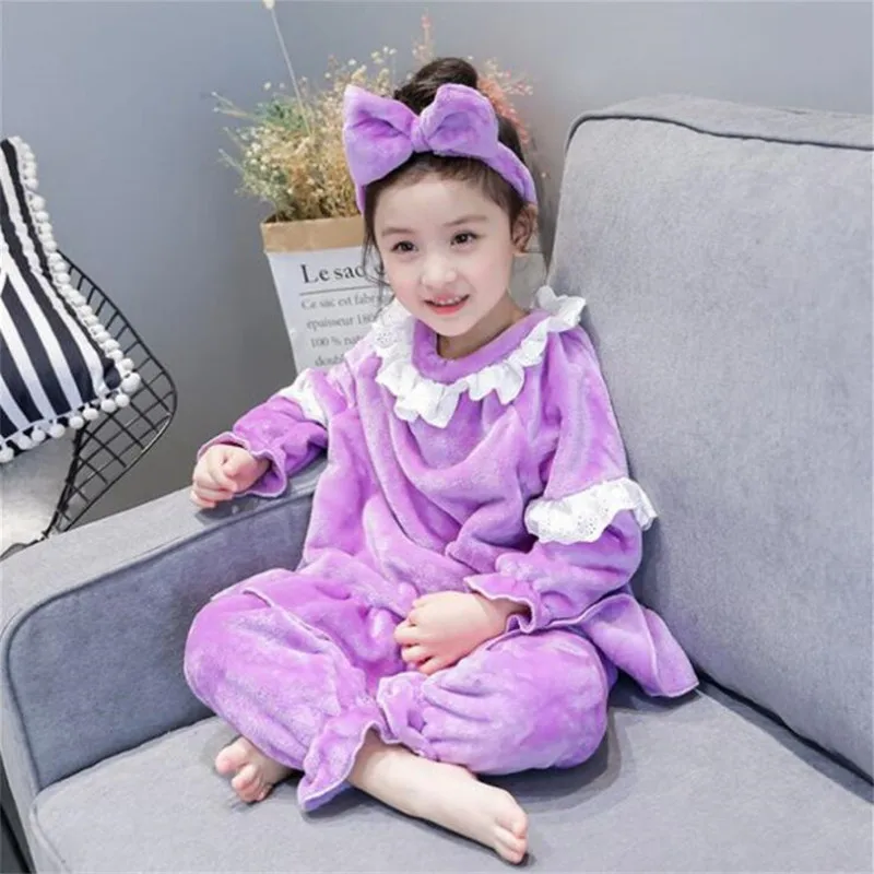 Зимний пижамный комплект для девочек, детские пижамы с длинными рукавами, теплая Повседневная кружевная одежда для сна из 3 предметов для девочек 2, 3, 4, 5, 6, 7 лет