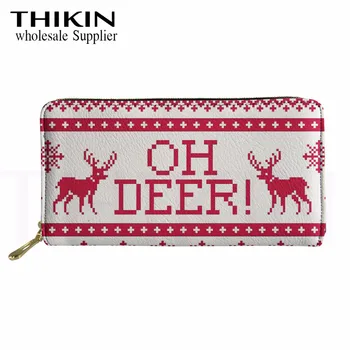 

THIKIN Christmas Reindeer Pattern Ladies Long Leather Wallet Oh Deer Thin Money Bags for Girls Coin PouchWaterproof Card Holder