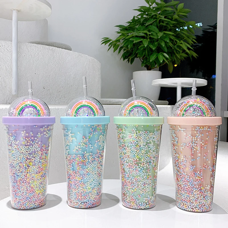 Double Layers Rainbow Plastic Water Bottle With Straw Korean style Creative Sweet Mug For Milk Coffee Tea Cup 550ml 19.5*10.5cm | Дом и сад