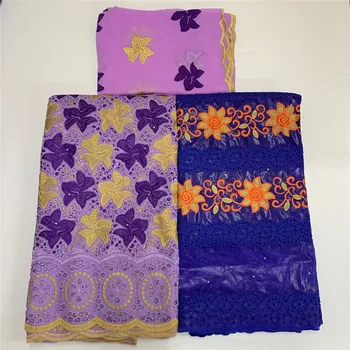 

2.5 y Swiss lace fabric +2.5 y Bazin Brode riche With scarf embroidery African 100% cotton fabrics voile lace Dubai style 7L4