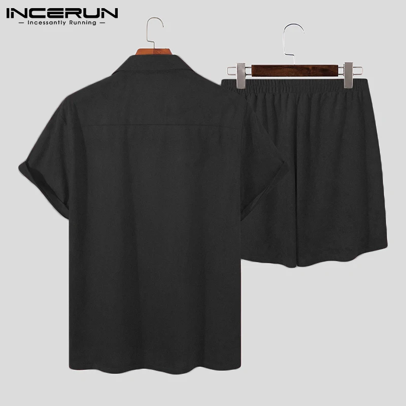 2021 Men Casual Sets Streetwear Solid Color Suede Fabric Lapel Short Sleeve Shirt Elastic Waist Shorts Men Suits S-5XL INCERUN - Image 4