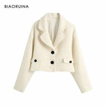 

BIAORUINA Women's Beige Single Breasted Loose Short Blazer Notched Collar Female Twill Fashion Coat Autumn New Arrival Clothing