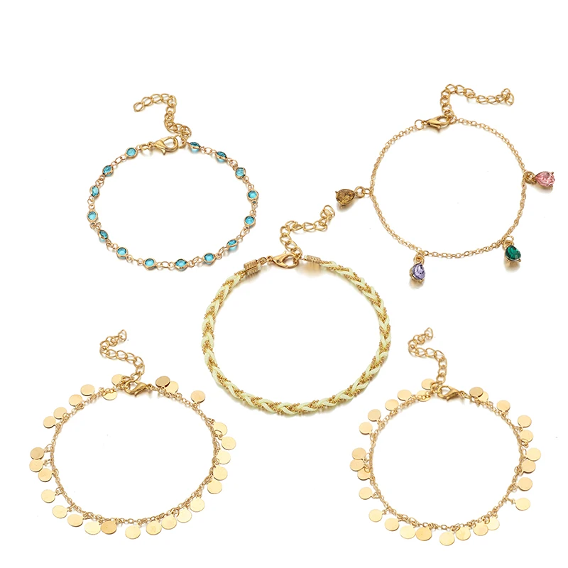 Tocona Boho 5 шт./компл., украшенные разноцветными кристаллами браслет для щиколоток с камнем для Для женщин Золотой вафли кисточкой веревки ноги Браслеты летнее ювелирное изделие, 8407 - Окраска металла: 8407