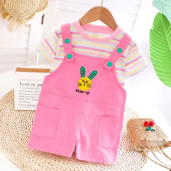 

Summer 2020 Girls' Cute Sets Stripe T Shirt and Overalls Shorts
