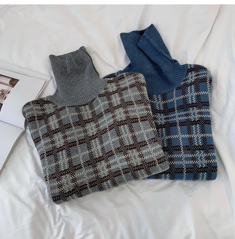 Winter Turtleneck Sweater Men's Warm Fashion Casual Retro Knit Pullover Men Streetwear Plaid Sweater Male Sweter Clothes