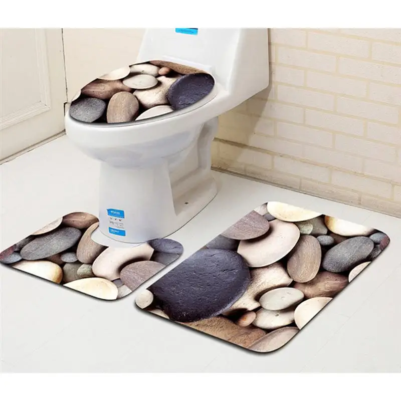 3PCS Toilet Bathroom Mat Set Toilet Lid Contour Mat Non-slip Pebbles Three Piece 