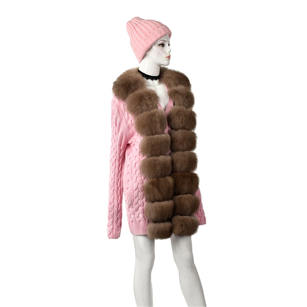 TOPFUR, модное вязаное пальто для женщин, розовое вязаное пальто с воротником из лисьего меха, Женское пальто из натурального Лисьего меха с длинными рукавами