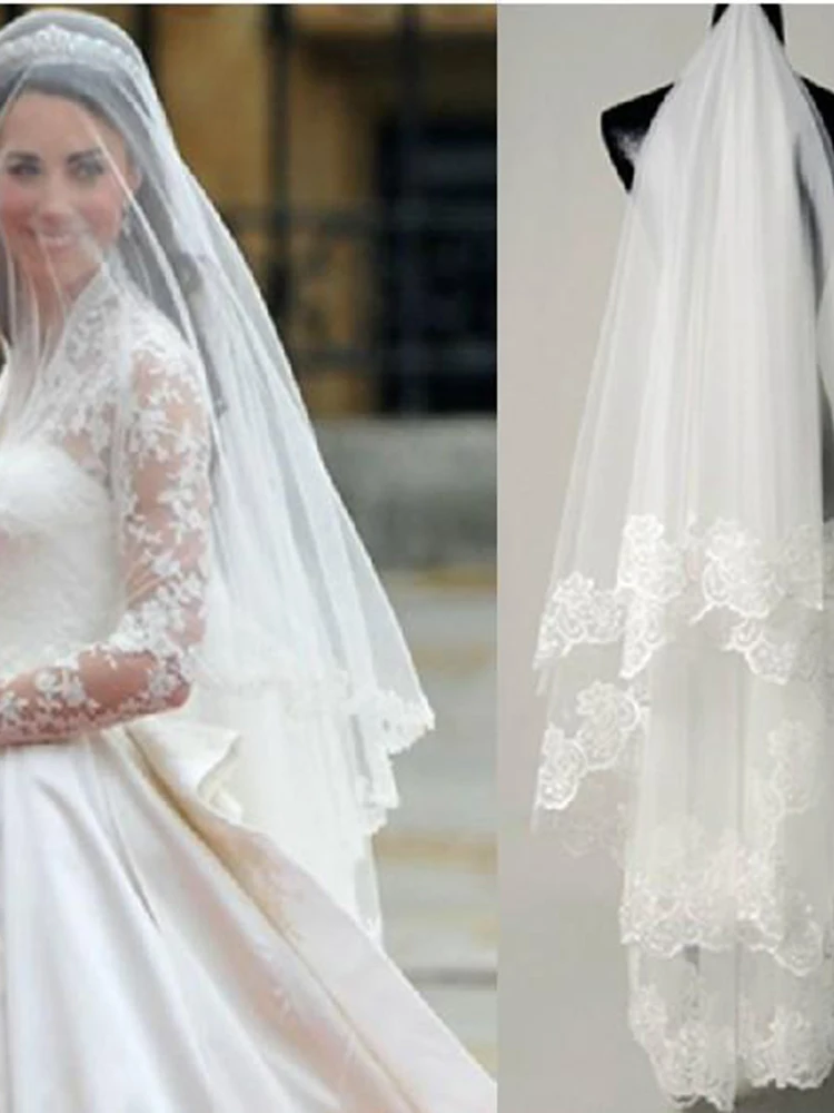 Принцесса Кейт свадебная фата дешевая кружевная свадебная вуаль Аксессуары для свадьбы свадебный вуаль Длина кончика пальцев Cust