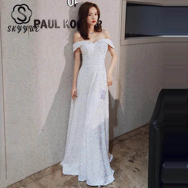 

Skyyue Lace Up Robe De Soiree FR368 Shiny Sequin Women Party Dresses Solid A-Line Evening Dress Off The Shoulder Formal Gowns