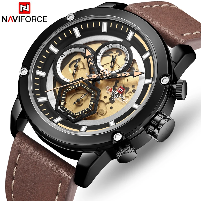 NAVIFORCE мужские часы Топ люксовый бренд Модные Кожаные Деловые кварцевые часы мужские армейские военные Виды Спорта Водонепроницаемые наручные часы