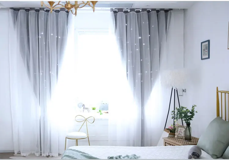 New Style Hollow out Star Curtain High Shade Fabric Curtain Window Screen Double Layer Stars Curtain Finished Product Customizab