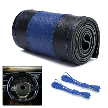

Durable And Practical Genuine Leather DIY Car Steering Wheel Cover 38cm W/ Needles Thread Black Blue