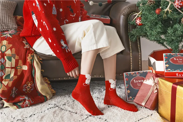 19 новых осенних и 4 пар носков Рождественский подарок красные женские носки до середины икры с мультяшными животными новогодние носки