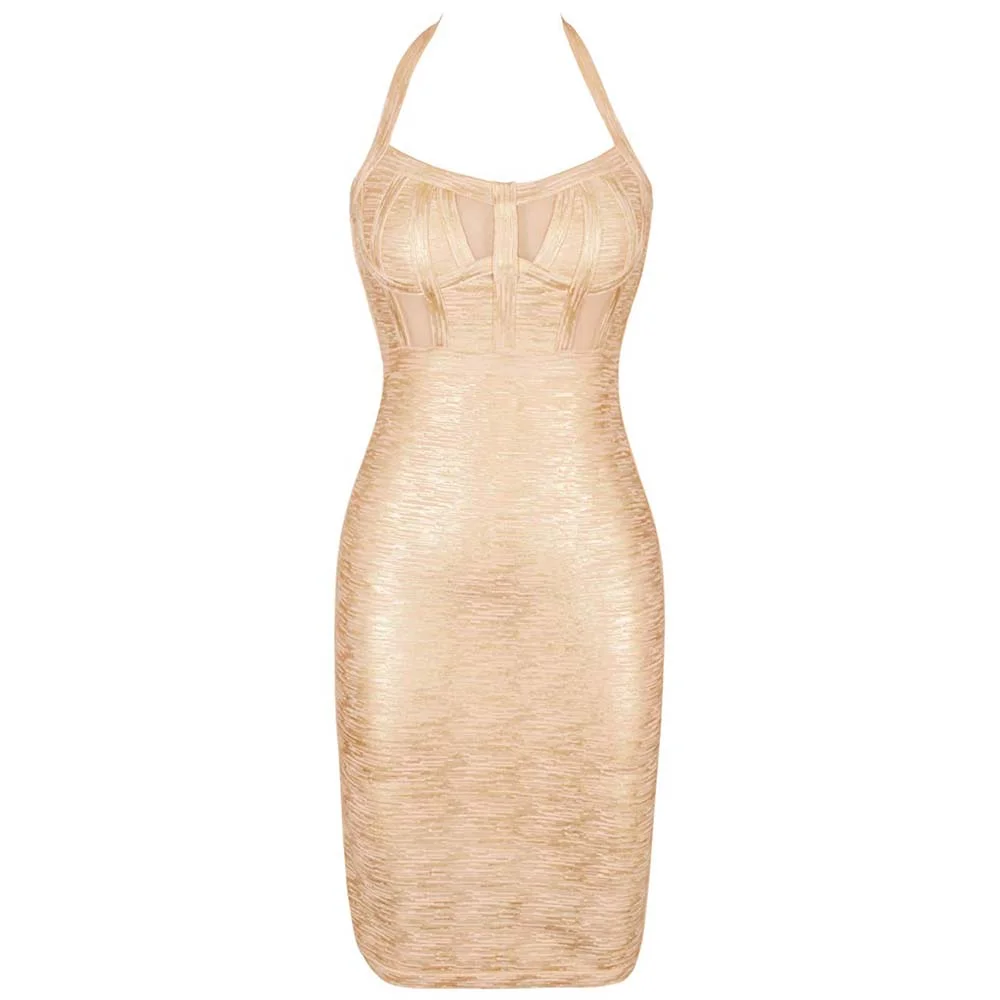 new summer women's sexy spaghetti black halter Bodycon bandage dress knee length fashion party dress - Color: Gold