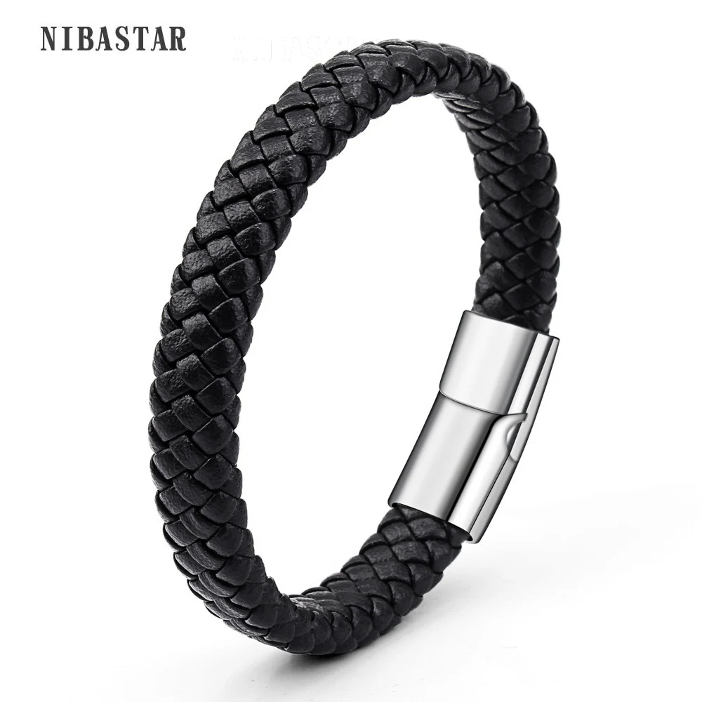 Genuine leather bracelet men stainless steel braid Bracelet with magnetic buckle claps | Украшения и аксессуары