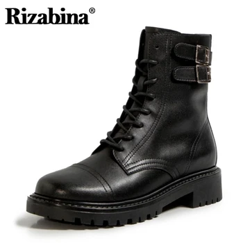 

Rizabina Real Leather Women Ankle Boots Buckle Zipper Flats Shoes Cross Strap Round Toe Warm Boots Daily Footwear Size 35-39