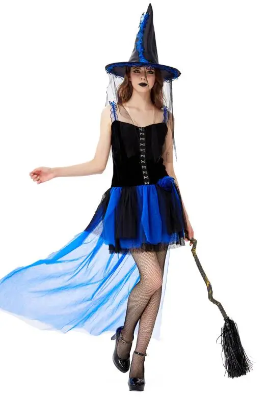 Sexy Gothic Black Witch Mini High-low Dress Adult Halloween Cosplay Costume with Hat