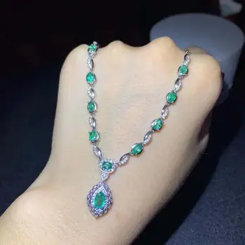شراءقلادة الزمرد الطبيعية والحقيقية الصلبة S925 فضة الزمرد قلادة للنساء اللون جوهرة StoneFine مجوهرات
