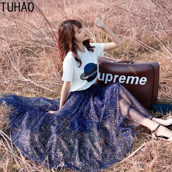 

TUHAO Women Outfits Summer Sets Casual Sequin Planet T-shirt + Goddess Temperament Skirt Skirt Two-piece Suit Female Set WM29