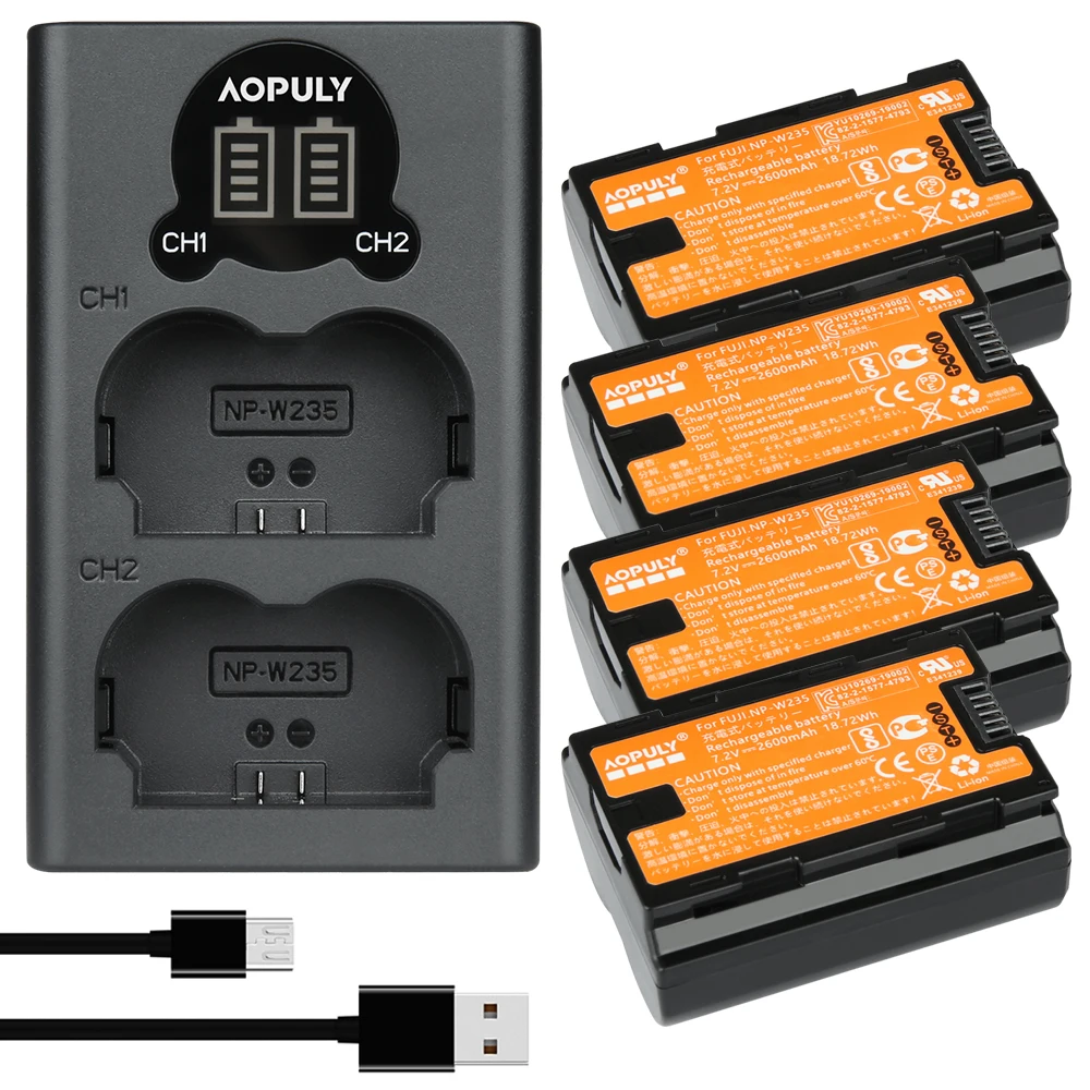 AOPULY 2600mAh NP-W235 NP W235 Camera Battery + LCD USB Dual Charger with Type C Port for Fujifilm Fuji X-T4, GFX 100S Camera 