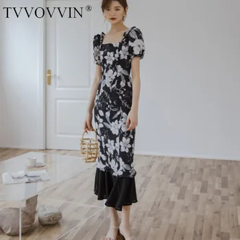 

TVVOVVIN 2020 Spring Summer New Arrivals Square Collar Lantern Short Sleeve Print Pattern Women Sheath Vintage Dress KI6L