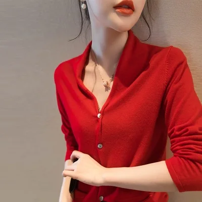 

2019 New Autumn And Winter Thicken Wool Sweater Female Cardigan V-neck Long Sleeve Red Knitting Cardigans Clothes Women
