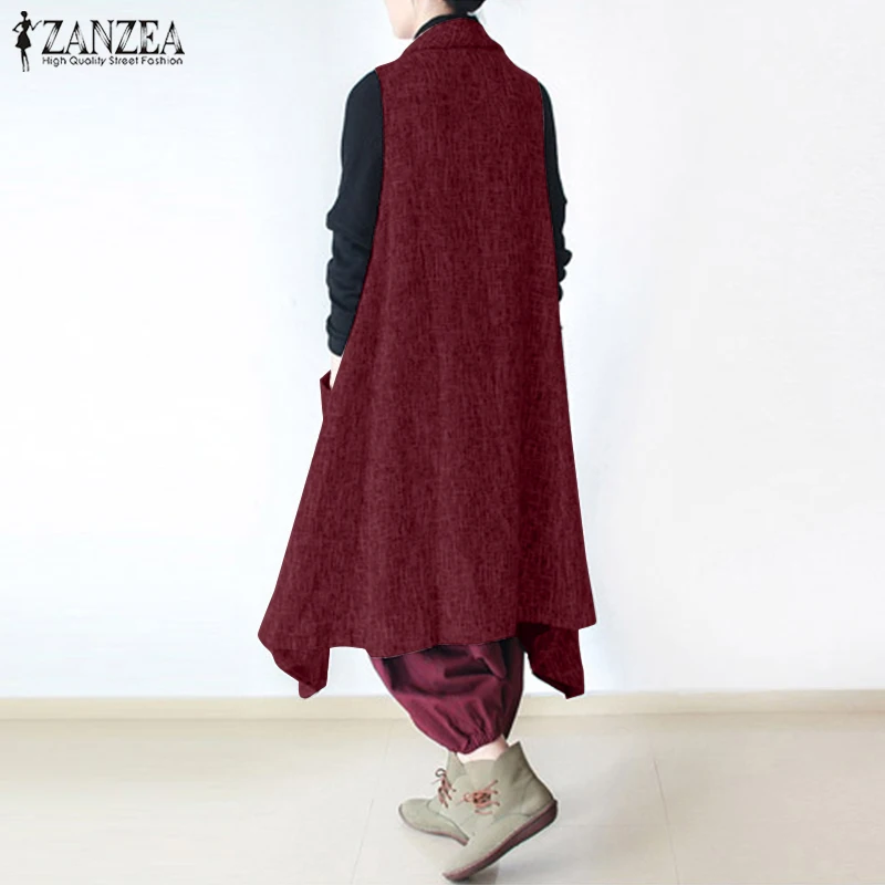 ZANZEA Асимметричные пальто женские куртки без рукавов элегантные жилеты средней длины женские кардиганы размера плюс туника 7