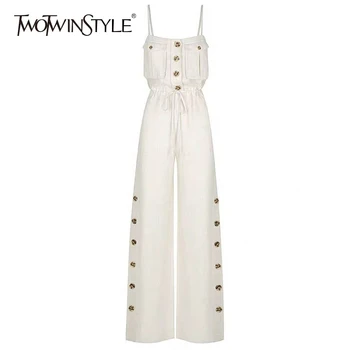 

TWOTWINSTYLE Strap Off Shoulder Sexy Jumpsuit Women High Waist Button Big Size Wide Leg Pants Female Fashion New Tide 2020