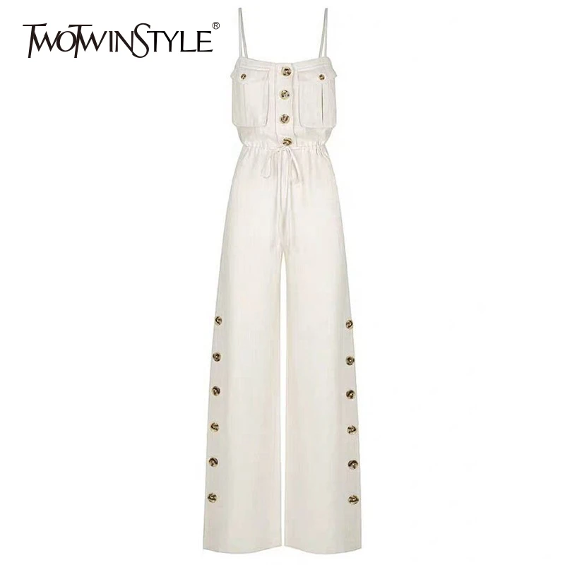 TWOTWINSTYLE Strap Off Shoulder Sexy Jumpsuit Women High Waist Button Big Size Wide Leg Pants Female Fashion New Tide 2020 TWOTWINSTYLE Strap Off Shoulder Sexy Jumpsuit Women High Waist Button Big Size Wide Leg Pants Female Fashion New Tide 2020