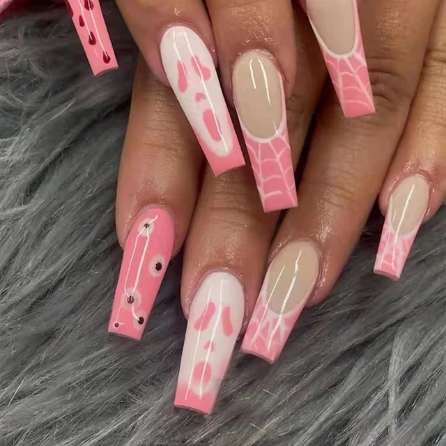 Valentine's Day Long Ballerina Fake Nail Tips With Design Coffin