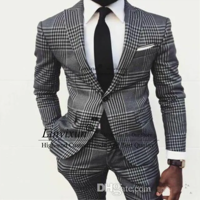 Grey Mens Vintage Plaid Suits British Style Slim Notch Lapel Groom Party Tuxedo Wedding Tuxedos For Men Formal Prom Suit 2