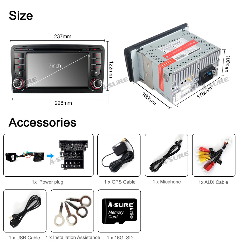 Clearance A-Sure 7 Inch 2 Din Cortex A9 Car Auto Radio Stereo DVD GPS Navigation For AUDI A3 S3 RS3 8V 8PA DAB+ 3G Bluetooth CD DVR DTV 26