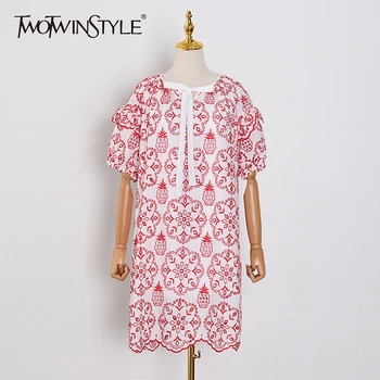 

TWOTWINSTYLE Embroidered Floral Dress Female Ruffle Puff Sleeve Lace Up Casual Dresses Women Fashion Clothes 2020 Spring Spring