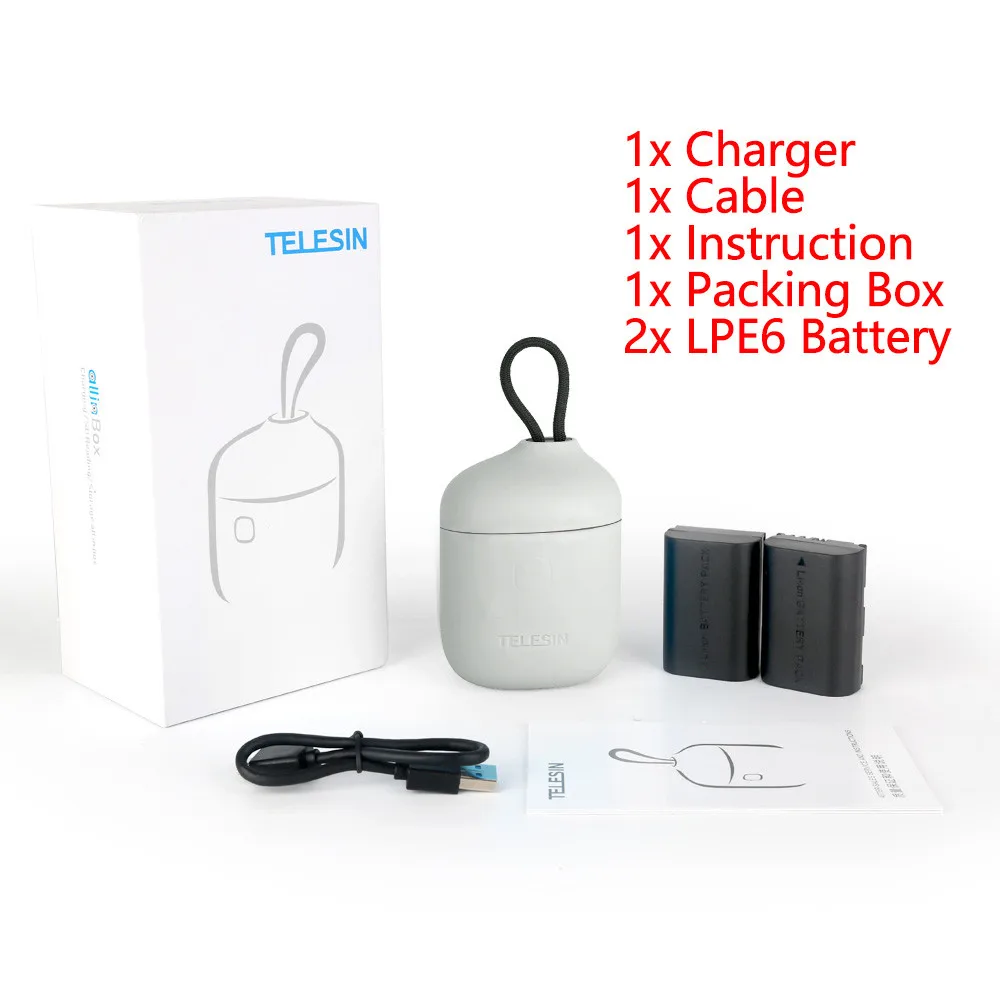 Charger Set Grey TELESIN 2 упаковки LPE6 батарея и 2 слота зарядное устройство SD кард-ридер коробка для хранения для Canon 5D Mark II III для EOS 6D 7D 80D батарея - Цвет: Charger Set Grey