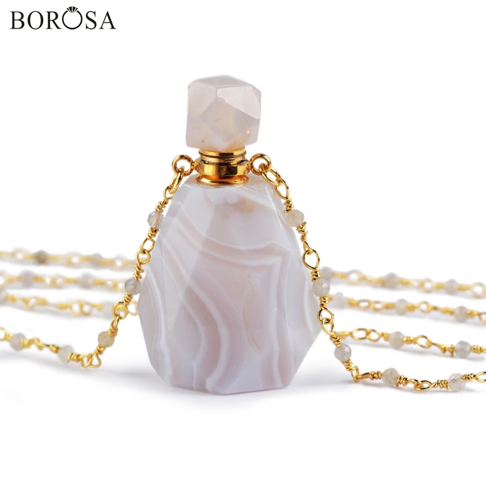 Onyx Agate BOROSA 2 шт. флакон духов натуральный мульти-вид камень белый кварц Амазонит аметисты 26 дюймовый шарик цепи диффузор ожерелье HD0091 - Окраска металла: Onyx Agate