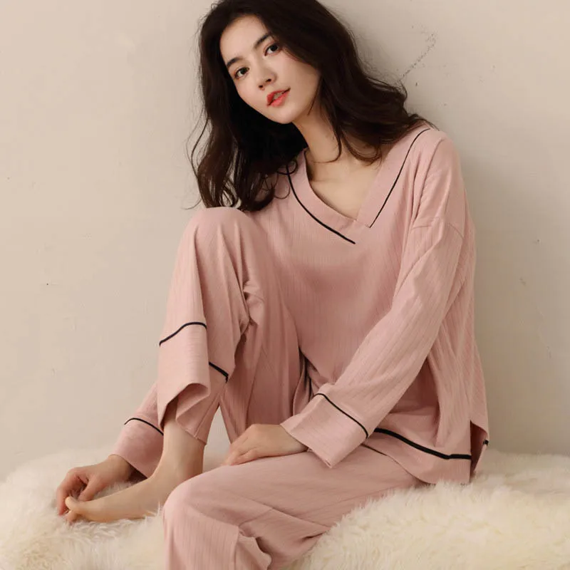 

women large size pajamas casual cotton sleepwear 2 pieces long sleeve and pants warm pajamas set female home service pyjamas