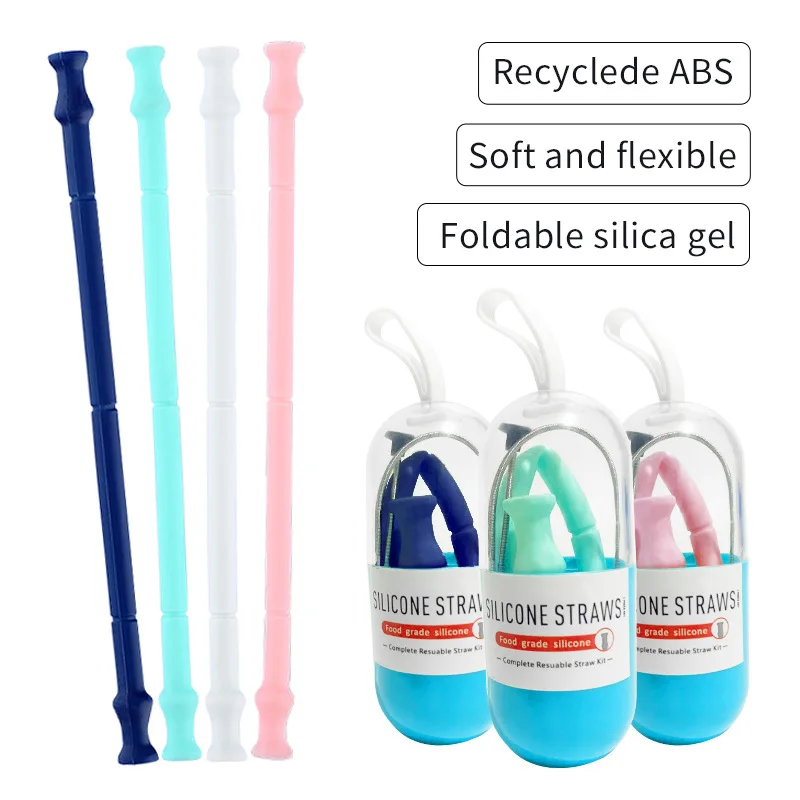 Безопасная Складная Силиконовая соломинка портативный экологический набор Складная капсула из нержавеющей стали Силикагель соломинки изоляция тепла