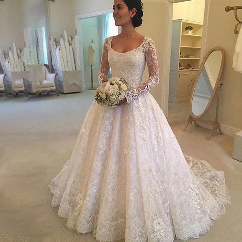 Винтажное кружевное свадебное платье с длинными рукавами Vestido de noiva с глубоким вырезом и пуговицами сзади, большие размеры, свадебные платья