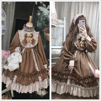 

Kawaii Lolita Dress Vintage Collect Waist Long Sleeve Lolita Dresses Autumn Winter Cute Teddy Bear Doll Loli Lol Cos Dress