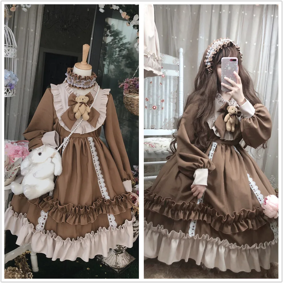 Платье Лолита Kawaii винтажное присборенное на талии с длинным рукавом платья