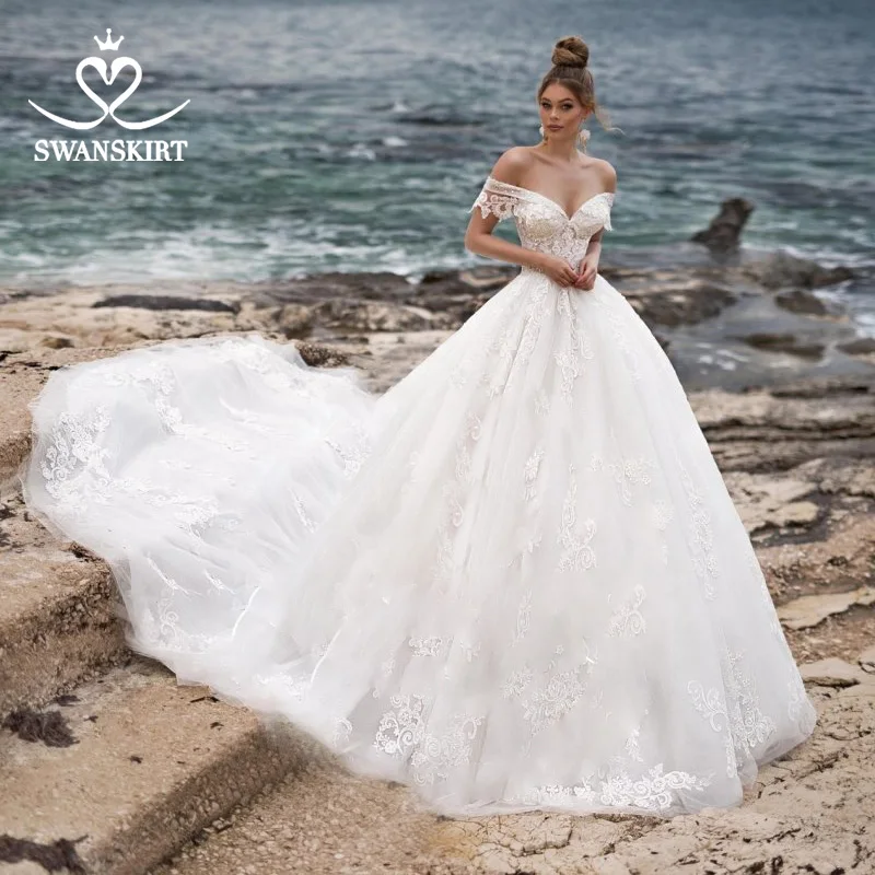 Swanskirt, милое бальное платье, свадебное платье 2019, сексуальное, с аппликацией, кружевное, с цветами, королевское свадебное платье, тюль, Robe De
