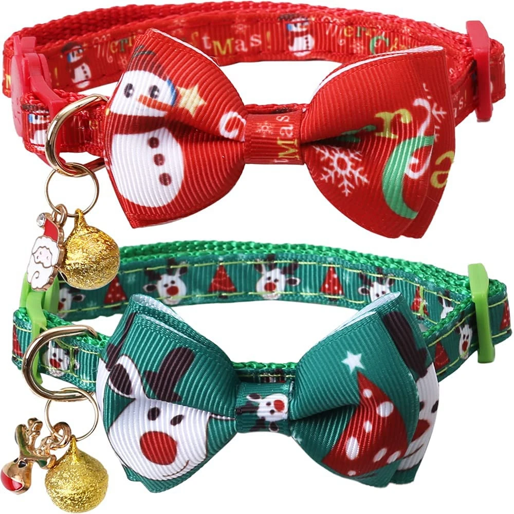 

Christmas Cat Collar Breakaway with Bow Tie and Bell Snowman & Cute Elk Patterns for Kitty Adjustable Safety Kitten Collar