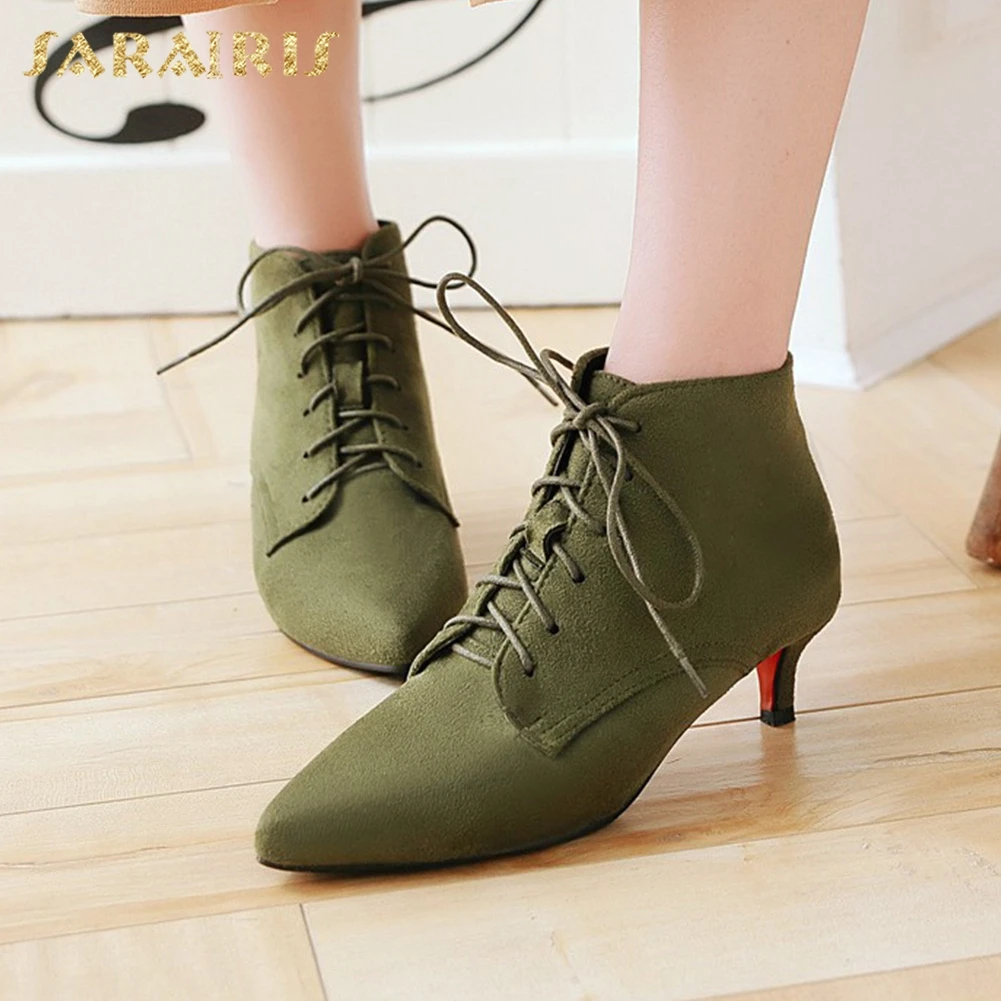

Sarairis 2020 Fashion New Plus Size 34-48 Lace Up Ankle Boots Woman Shoes Pointed Toe Black Red concise Shoes Women Boots Lady