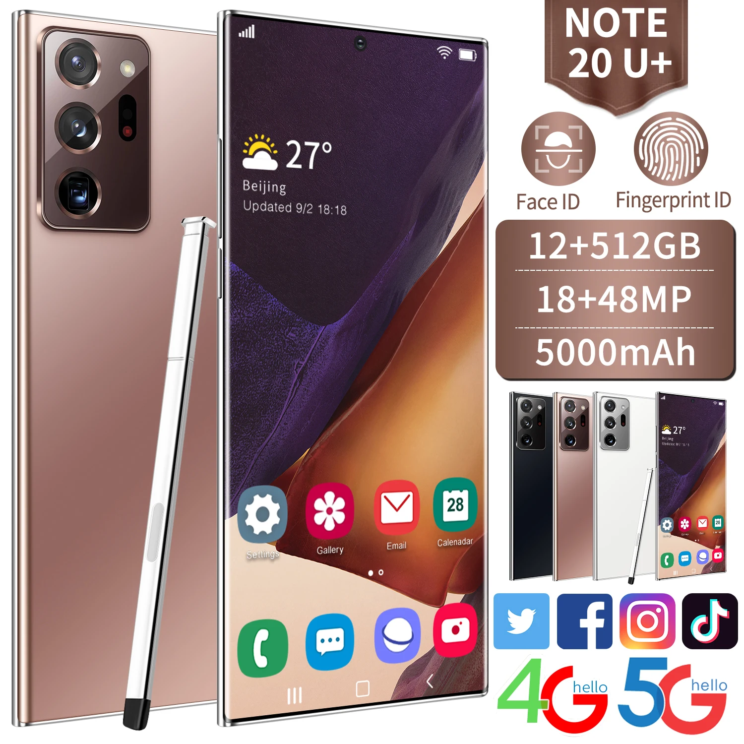 Global Version Note 20 U+ Smart Phone 12+512GB 6.9''HD Screen 5G Mobile Phone 5000mAh Battery 18+48MP Camera Cellphone Face ID